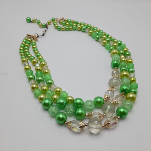 Vintage Green Faux Pearl Clear Bead Necklace, 1950s, Three Strands, 18" - Picture 6 of 13